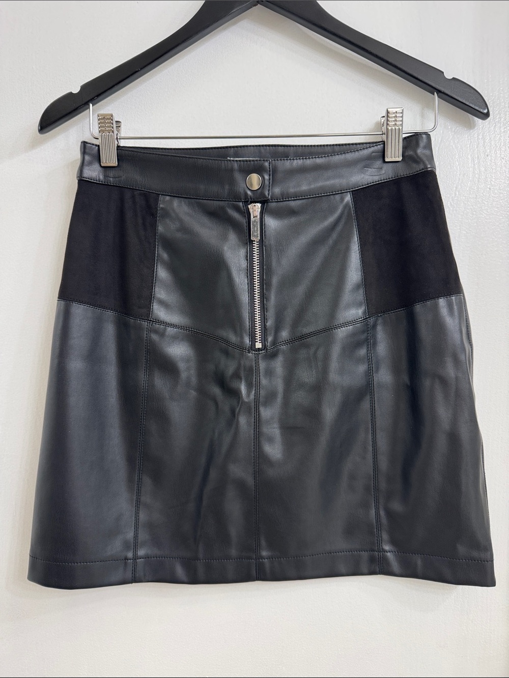 NAF NAF Black Faux Leather A-Line Mini Skirt with Front Zip